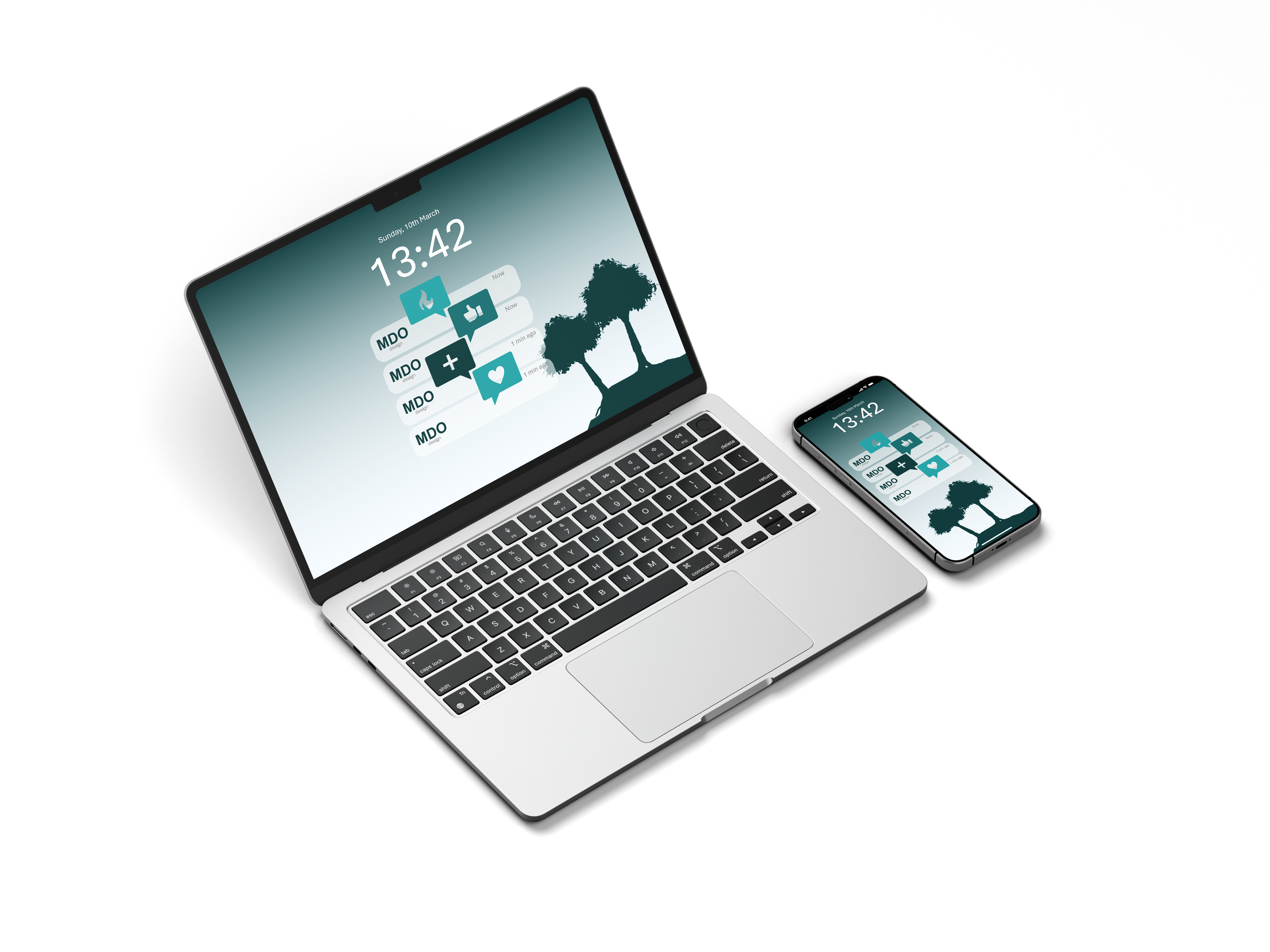 MDO design Laptop und Smartphone mit Push-Mitteilungen, die steigende Onlinepräsenz repräsentieren